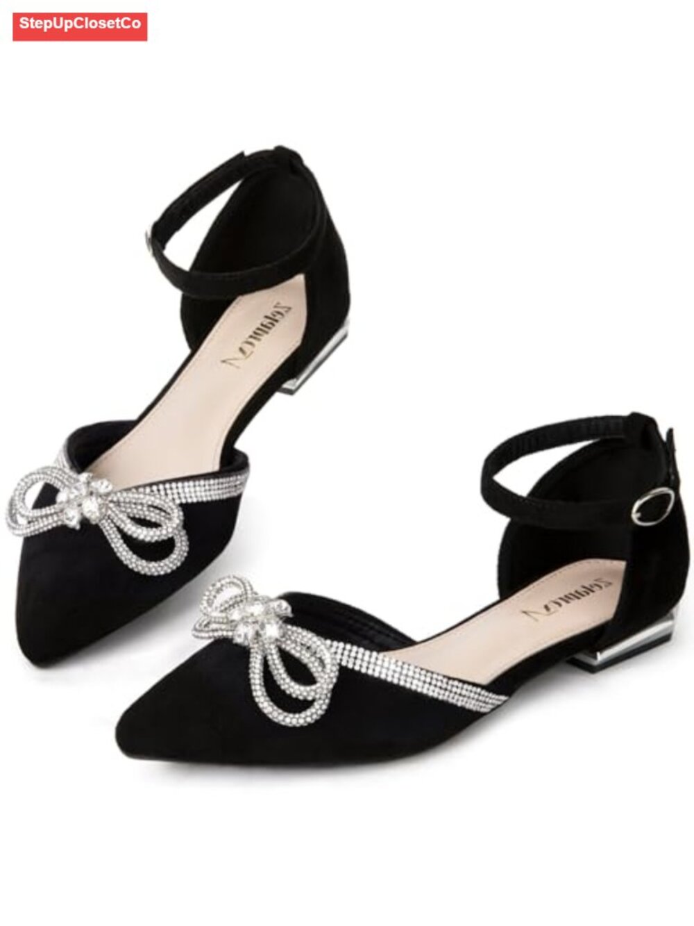 Pointed Toe Rhinestone Bow Flats with Ankle Strap - Dressy
